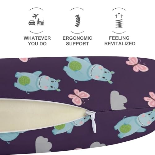 Image of Memory Foam Travel Pillow Chin Head Support Cushion Lovely Hippo, Washable Removable Cover for Airplane Car Outdoor Sleep