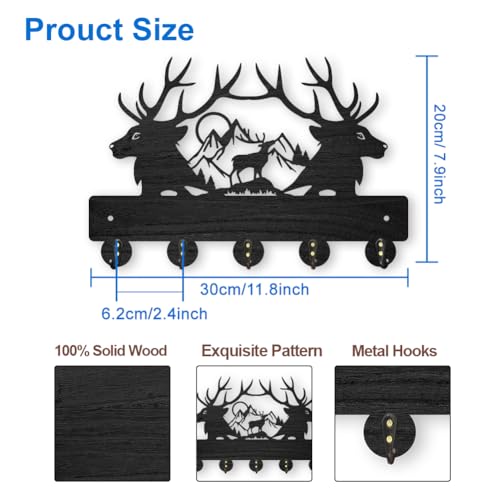MAYJOYDIY Deer Mountain Forest Coat Hooks, Wall Mounted 30x20cm Black Wooden Deer Key Holder with 5 Alloy Hooks - Image 2