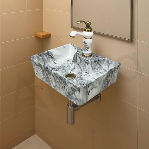 Image of Artiva Ceramic Wall Mounted Bathroom Basin /Designer Table Top Sink For Bathroom /Wall Hung Washbasin /Wash Basin For Cabinet, Countertop, Vanity (Canyon Silver 16 x 12 x 5 Inch)