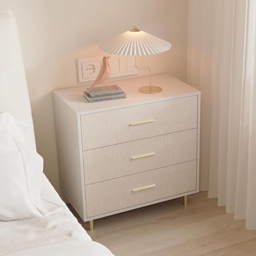 Garvee Commode Blanche élégante à 3 Tiroirs avec Poignées Et Pieds Dorés, Table De Chevet en Bois avec Plateau Texturé Lin, Commode Blanche Moderne,...
