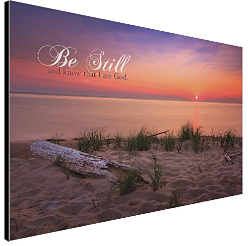 LACOFFIO Christian Large Wood Wall Art Décor - Be Still and Know That I Am God - 18 x 12 Wooden Hanging Sign with Bible Scripture Saying on Mesmerizing Sunset Lake Background