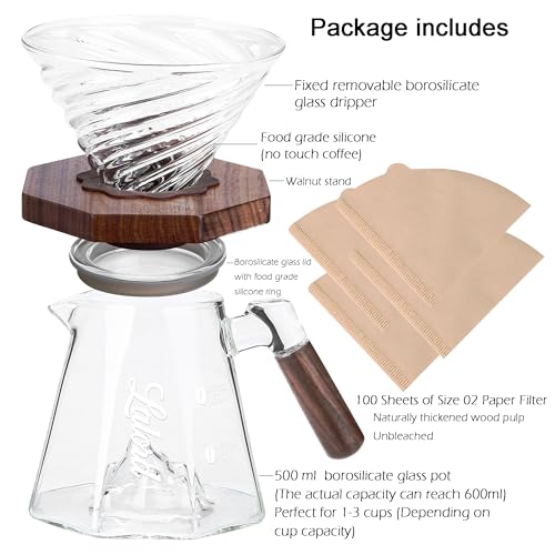 Image of Lalord Pour Over Coffee Maker, 20 oz Borosilicate Glass Set with 100 pcs V60 Paper Filter, Walnut Collar & Glass Lid, Drip Coffee Maker, 1-3 Cups, Clear (B-600 ml Set)