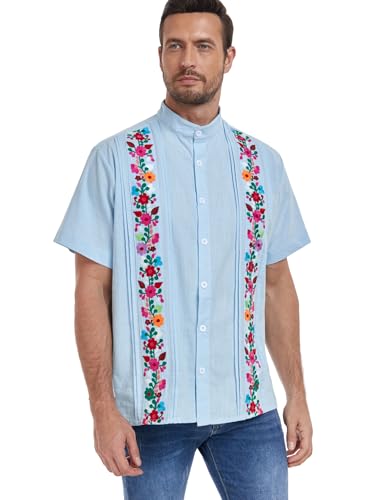 YZXDORWJ Men's Mexican Embroidered Shirt Traditional Floral Fiesta Shirt Peasant Guayabera Shirt for Men (XXXL, M02-BBL)