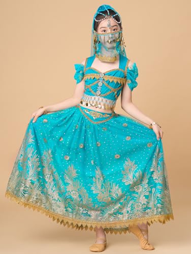Ellydoor Princess Jasmine Costume For Girls Aladdin Dress Up Halloween Cosplay Party Belly Dance Outfit Blue thumb #2