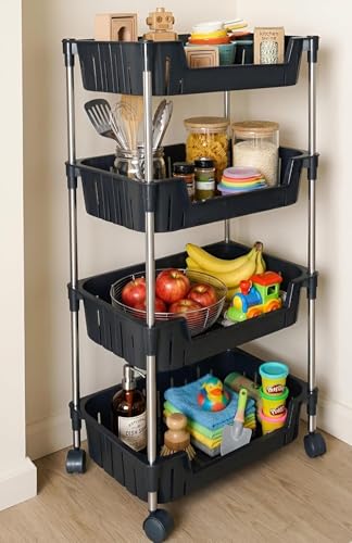 Image of JD FRESH 4-Tier Multi Storage Rack for Home & Kitchen /360-Degree Rotating Wheels with Breathable Kitchen Shelf Storage Rack /Plastic Rolling Cart for Kitchen, Bathroom, Office & Living Room (Black)