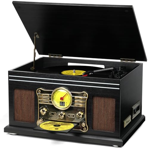 [Giradischi multifunzione 10 in 1] – Con un look vintage in legno di mogano e caratteristiche moderne, questo giradischi non solo riproduce i vinili, ma ha anche un lettore CD e cassette, radio FM, Bluetooth e AUX e jack per cuffie