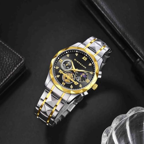 Image of Giordano Chronograph Analog Quartz Watch for Men with Round Dial, Multifunction Subdials, Sun Moon Display, Crystal Hour Markers, Roman Numerals, Stainless Steel Strap - GZ-50236