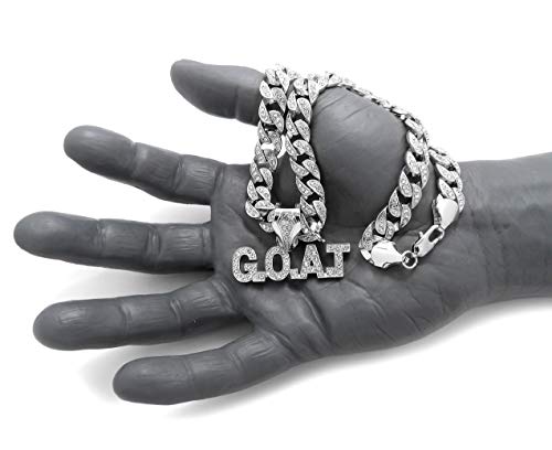 NYFASHION101 Stone Stud GOAT Pendant with 10mm Iced Out Bling Miami Cuban Chain Necklace4