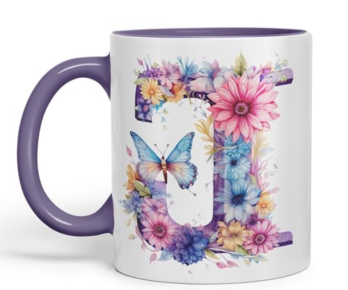 Vixar Letter J Mug, Floral Flowers Butterfly Alphabet Letter J Monogram Watercolour Ceramic Coloured Mug Cup for Tea Coffee Hot Brew 330ml 11Oz Gift (Purple)