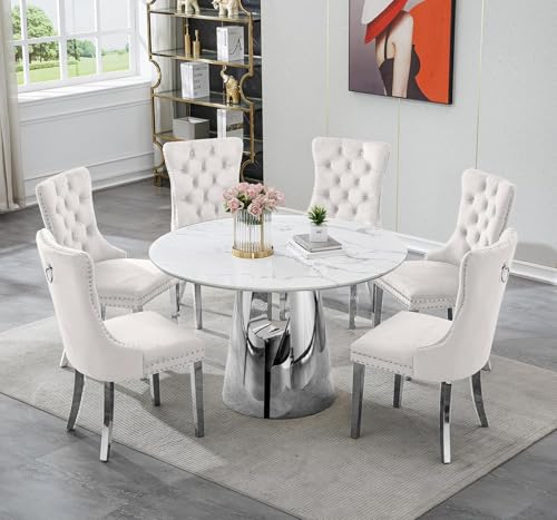 Image of 7-Piece Round Dining Table Set for 6, Modern Faux Marble Kitchen Table and Beige Velvet Chairs Set of 6, Luxury 45 inch Circle White Silver Dining Room Tables with Stainless Steel Base