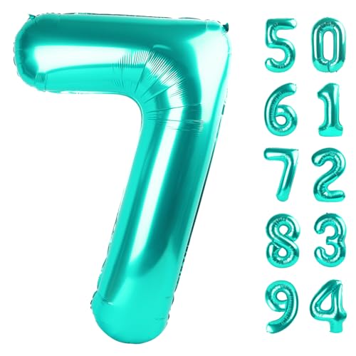 Image of Teal Blue 7 Balloon, Number Balloons 40 Inch, 7th Birthday Decorations, Party Decoration for Women, Number 7 Balloon