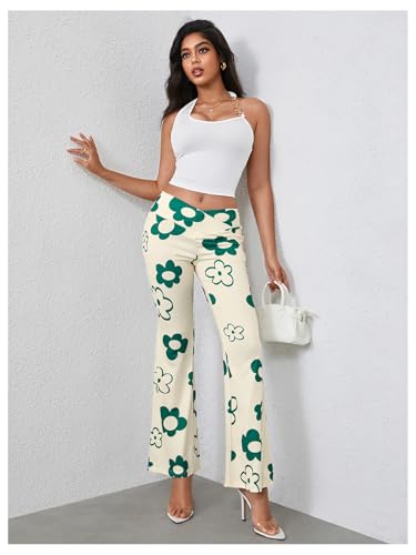 WDIRARA Women's Floral Print Flare Pants Crossover Elastic Waist Bell Bottom Trousers4