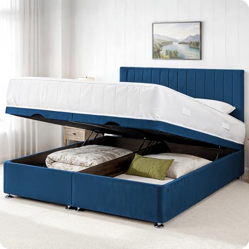 Image of Comfy Deluxe LTD Apollo Ottoman Bed Base - 5FT King Size, Blue | Plush Velvet Divan Storage Bed Frame with 26 Inch Headboard | Gas Lift Foot-End Opening | No Mattress Included | UK Made