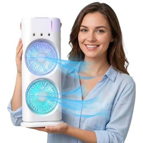 Image of Drumstone (𝐒𝐩𝐞𝐜𝐢𝐚𝐥 𝟏𝟓 𝐘𝐞𝐚𝐫𝐬 𝐖𝐚𝐫𝐫𝐚𝐧𝐭𝐲 Portable Dual Head Cooling Fan with Ice Mist, 3 Speed Personal Air Cooler, Adjustable Direction, LED Light for Home Office