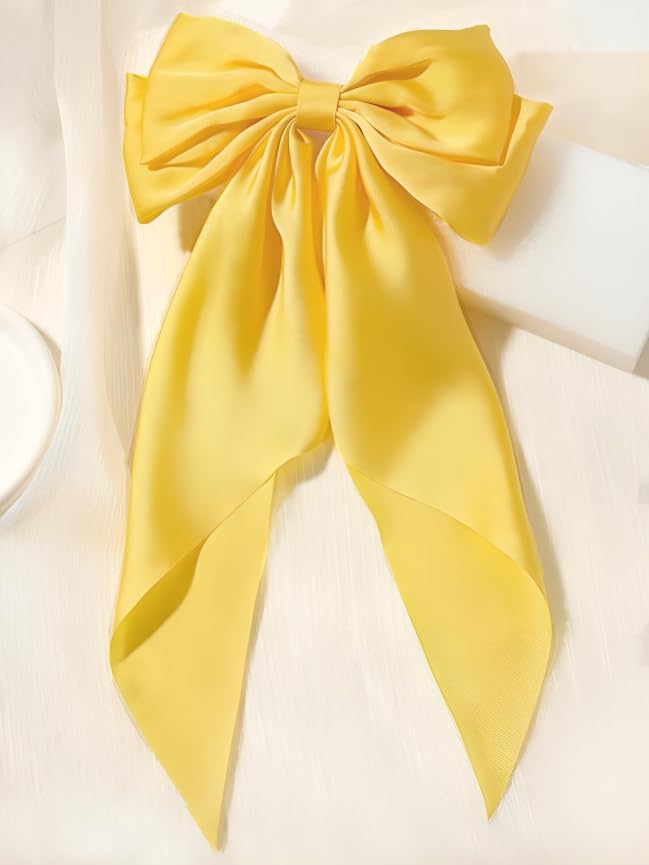 Image of FilterFashion Big Satin Layered Hair Bows for Women Girls 11.5 Inch Barrette Hair Clip Long Back Ribbon Bows French Style Hair Accessories (Light Yellow)