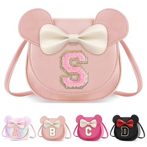 XSUIOY Toddler Purse Girl Wallet for Kids 2-9 Year Old Birthday Gifts,Cute Mouse Ear Bow Crossbody Shoulder Purses,Personalized Initial Purse Toddler Wallet Gifts for Little Girl(pink-S)