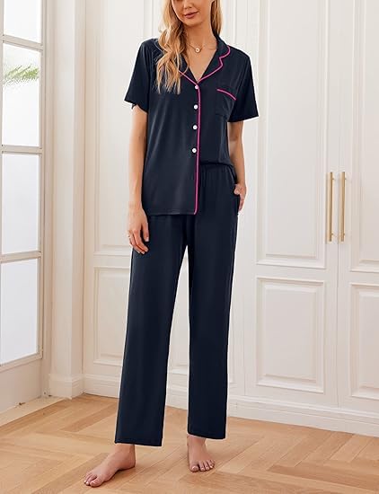 Image of Ekouaer 2 Pack:Womens Pajamas Short Sleeve Pjs Notch Collar Button Up Loungewear Cozy Sleepwear Sets