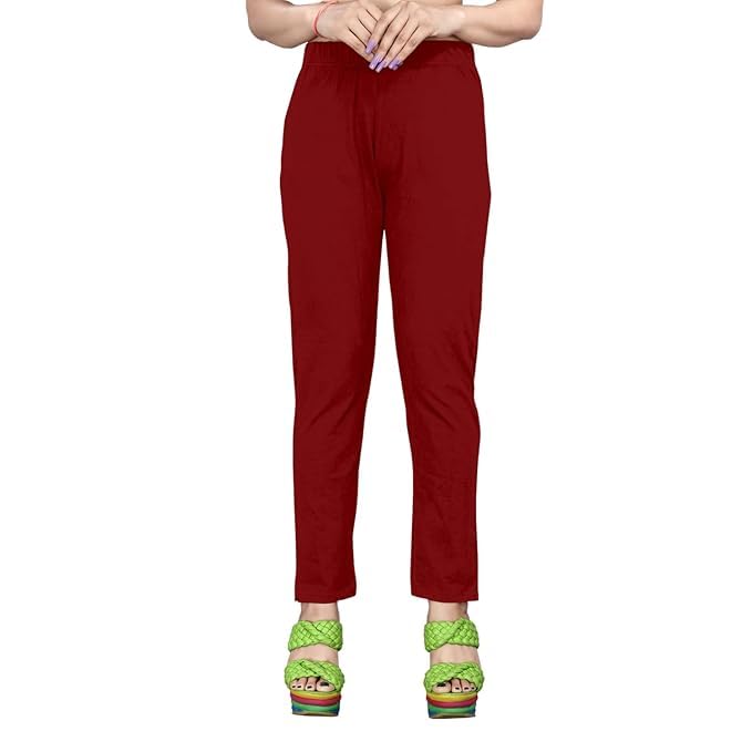 Image of Women's Solid Cotton Lycra Pants-High Waist Slim Fit Stretchable Leggings - Comfortable Long Trousers for Casual, Office & Everyday Wear