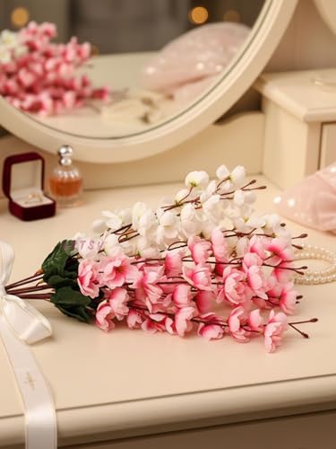 Image of ARTSY Artificial Flowers Bunch for Decoration Cherry Blossom, Ideal for vase, Home, Office Decor, Gifts, Craft, Artificial Plants for Decoration, Without vase, White Pink, Combo, 2 Pieces, Polyester