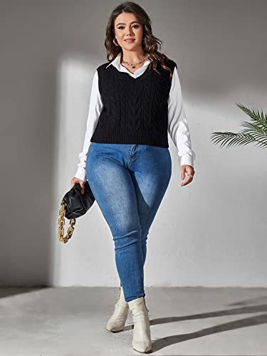 Makemechic Women's Plus Size Casual Solid Rib Knit V Neck Vest Sleeveless Sweaters Black 2Xl #TOP3