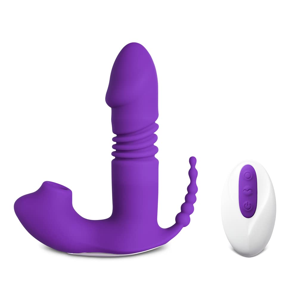 BeHorny Clitoris Sucker Vibrating Clitoral Sucking & Thrusting Vibrator with Remote Control, Purple, Medical Grade Silicone