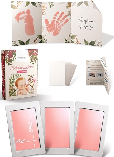 ABDRUCKZAUBER Original Baby Abdruckset 0-6 Monate I rosa Handabdruck Set & Fußabdruck Baby I Personalisiertes Geschenk Baby I Inkl. 3 Stempelpads, 3 Abdruckkarten & 1 liebevolle Faltkarte