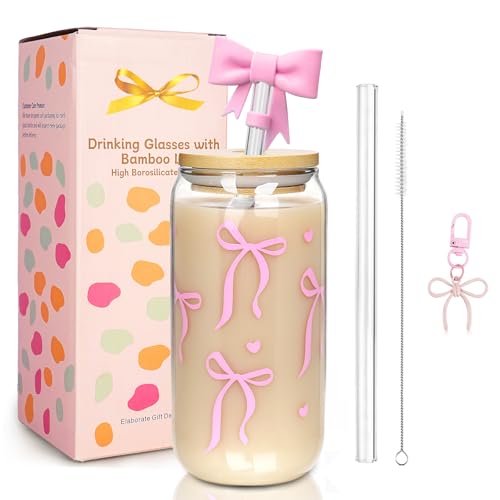 Mason Life Coquette Pink Glass Cups 18OZ Cute Bow Tumbler Glass Cup with Keychain and Straw Cover Valentines Day Galentines Gift for Iced Coffee Smoothie Cocktail Matcha Teen Girls Preppy Stuff