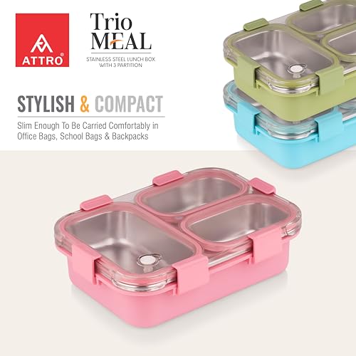 Image of ATTRO Trio Meal Stainless Steel Lunch Box with 3 Partition, Microwave Safe, Airtight Leakproof Silicone Seal Lid, BPA-Free Food Grade Tiffin Box for Office School Kids - 600ml - Pink
