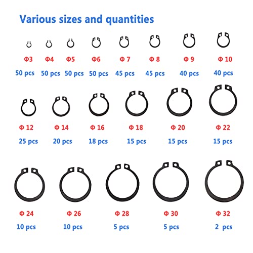 510 Stück Sicherungsringe Set, Sprengring Metall C-Clip, Seegering Sortiment 19 Typen Sicherungsscheiben Für wellen(Φ3/4/5/6/7/8/9/10/12/14/16/18/20/22/24/26/28/30/32mm)