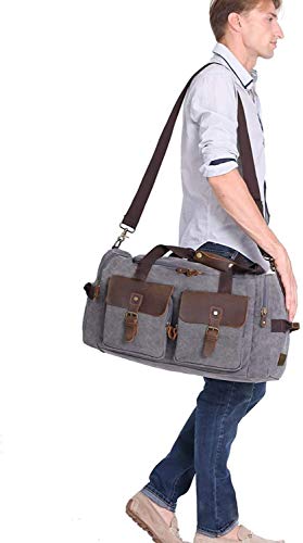 Canvas Duffle Bag, Aocome Overnight Bag for Men and Women Traveling, Genuine Leather Trim Travel Weekender Bag with Shoe Compartment, Large Carryon Luggage Bag With Shoulder Strap