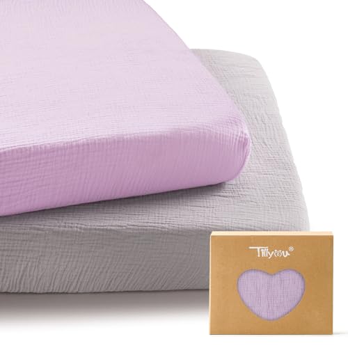 Image of TILLYOU Muslin Mini Crib Sheets 2 Pack, Pack and Play Mattress Sheets Fitted for Pack N Play, 38 x 26 Sheet for Toddler, Grey and Purple