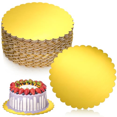 SynHHergyx 50 Pack 10 Inch Gold Cake Boards Round Disposable Cake Circle Base Board Valentine's Day Cake Cardboard Rounds Scallop Edge Grease Proof Coated Plate for Wedding Christmas Birthday