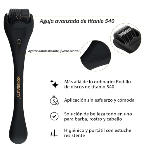 Miniatura 2 de Koi Beauty Derma Roller 0.5 Para La Barba Y El Cabello Crecen, 540 Agujas De Titanio, Profesiona Microneedling Roller Para Hombres Y Mujeres, Negro Mate Barba Roller, Microneedle Roller