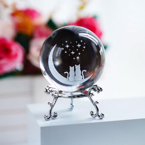 ZEERSHEE 60mm(2.3inch) Cats & Moon Crystal Ball Paperweight with Stand Base Glass Sphere Home Decor Gifts for Cat Lovers - Image 3