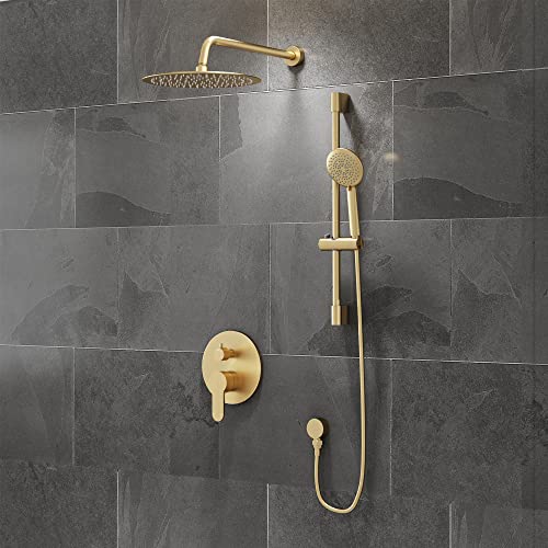 Rain Shower Head With Handheld, Shower Faucet Set With High Pressure 10" Shower Head And 5-Setting Handheld Shower, Rainfall Shower System With Valve And Diverter, Brushed Gold #TOP1