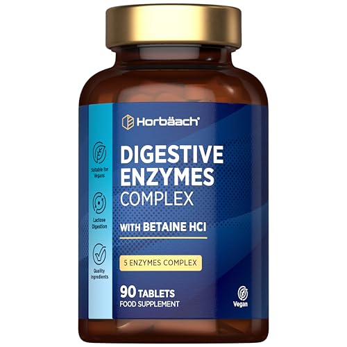 Digestive Enzyme Supplements | Complex with Betaine HCL, Amylase, Lactase, Protease, Lipase & Cellulase | 90 Vegan Tablets | by Horbaach