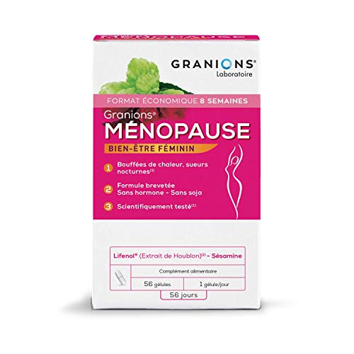 Granions Menopausa - Formato ECO 56 capsule = 8 settimane - Lifenol® [Estratto di Luppolo], Estratto di Sesamo [Sesamina] - Vampate di calore, sudorazioni notturne - Senza soia - Laboratoire des Granions - Marchio francese
