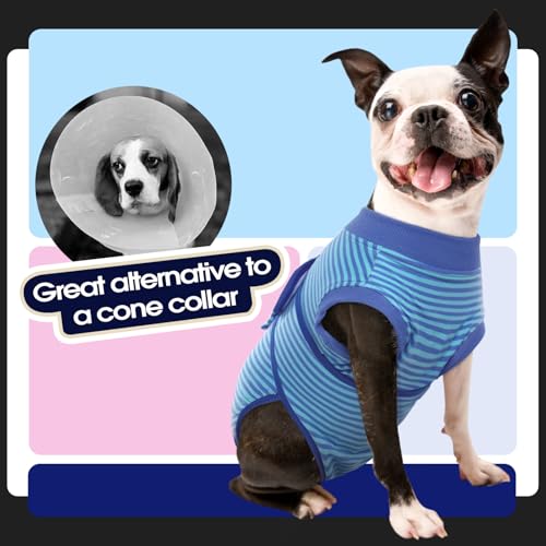 Image of FUAMEY Recovery Suit for Dogs After Surgery,Soft Breathable Dog Bodysuit E-Collar & Cone Alternative Surgical Suit,Male Female Dog Neuter Spay Suits Anti Licking Wounds Onesie Navy Blue Strips XXL