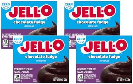 Jell-O Instant Pudding & Pie Filling Mix, Chocolate Fudge Flavored, Zero Sugar, Reduced Calorie, Quick & Easy Dessert, 1.4 oz (Pack of 4)