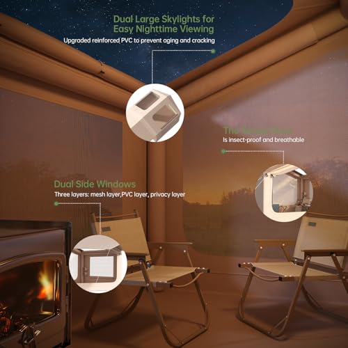 Carpa Inflable con Claraboya Panorámica para Estrellas, Carpa de Aire de Montaje Rápido con Bomba, Carpa Glamping Impermeable Oxford con Salida para Estufa, Puertas y Ventanas de Malla para 7 Personas miniatura 4