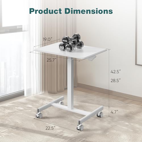 Image of DUMOS Mobile Rolling Desk with Wheels Adjustable Height Small Standing Desks Portable Laptop PC Table Computer Workstation for Home Office Small Space White