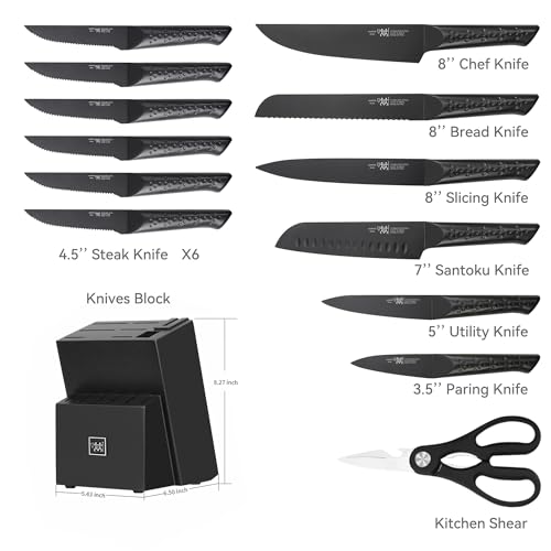 Knife Sets for Kitchen with Block, HUNTER.DUAL 15 Piece Knife Set with Built-in Sharpener, Dishwasher Safe, German Stainless Steel, Black