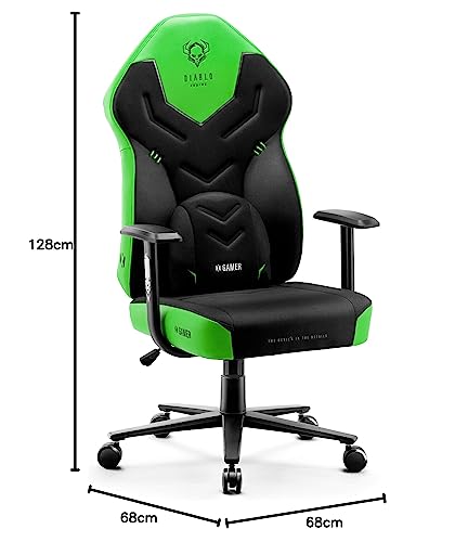 DIABLO X-Gamer 2.0 Sedia Gaming Gamer da Ufficio Design Ergonomico Cuscino Lombare Rivestimento in Tessuto Braccioli Confortevoli (Nero-Verde) - Immagine 2