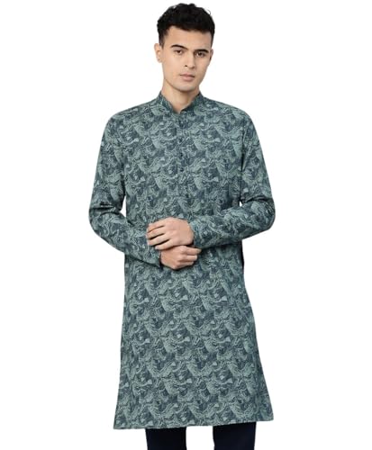 Image of Majestic Man Men's Regular Fit Ethnic Motifs Printed Pure Cotton Long Kurta with Mandarin Collar & Full Sleeves