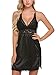 ADOME Women Lingerie Lace Babydoll Chemises V Neck Nightwear Satin Sleepwear Slips Black L