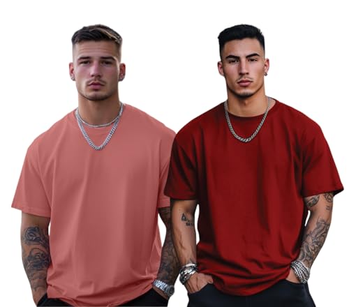Image of Veirdo Solid Oversized 100% Pure Cotton Combo T-Shirt for Men & Boys (Half Sleeves, Round Neck, Drop Shoulder, Baggy Fit, Pack of 2, Available in S to 2XL