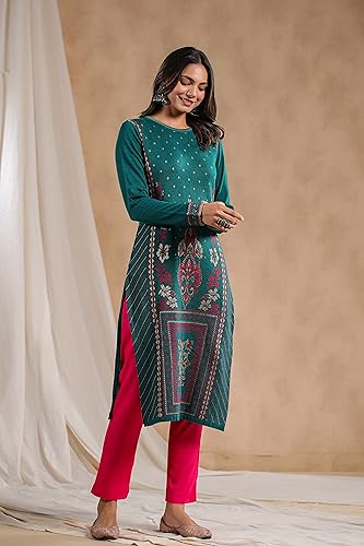 Image of ishin Women's Jacquard Style Ethnic Motifs Straight Winterwear Kurta