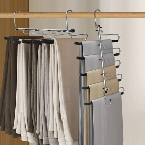 Pants Hangers Space Saving Stainless Steel, Non-Slip, No Installation, Jean Hangers,Closet Space Saving Magic Pants Hangers Pants Organizer (2 Pack) #TOP2