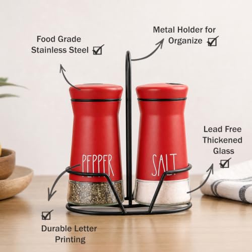 Image of Aelga Farmhouse Salt & Pepper Shakers with Holder, Adjustable Holes - Red | 4oz glass body, wide mouths for easy refills and cleaning, closed lids help keep spices fresh for kitchen and dining use.
