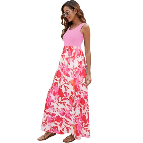 Image of Sherosa Women Boho Chevron Striped Floral Printed Summer Sleeveless Tank Long Maxi Party Dress